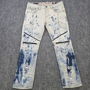 Rock Revival Jeans Mens 36x32 James Biker Straight Light Wash Distressed